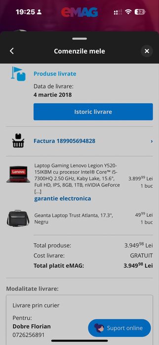 vand Laptop Gaming Lenovo Legion y520,procesor intel core,8GB,1TB