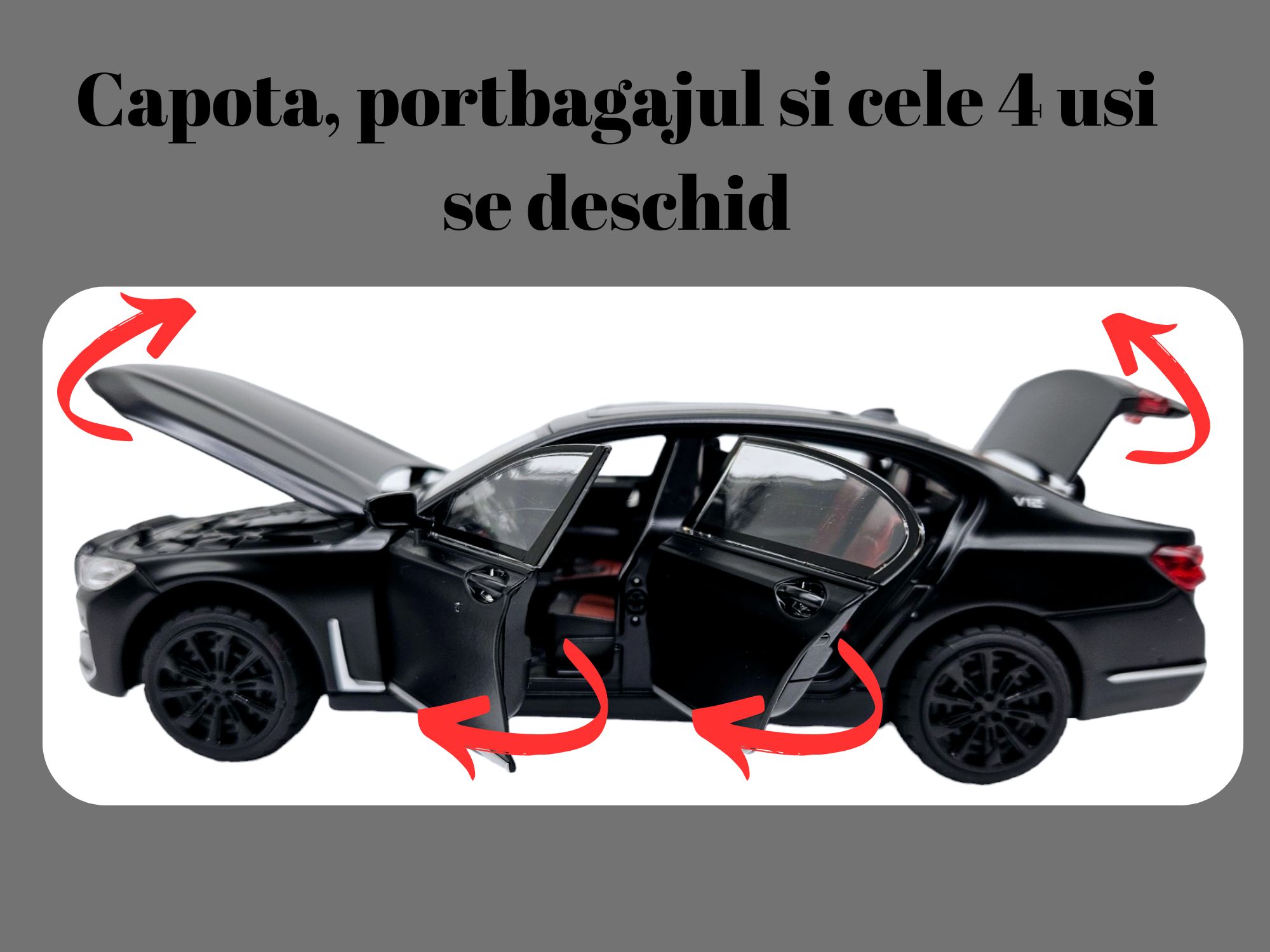 Masina metalica BMW Seria 7,sunete si lumini, usi mobile, 22cm,Negru