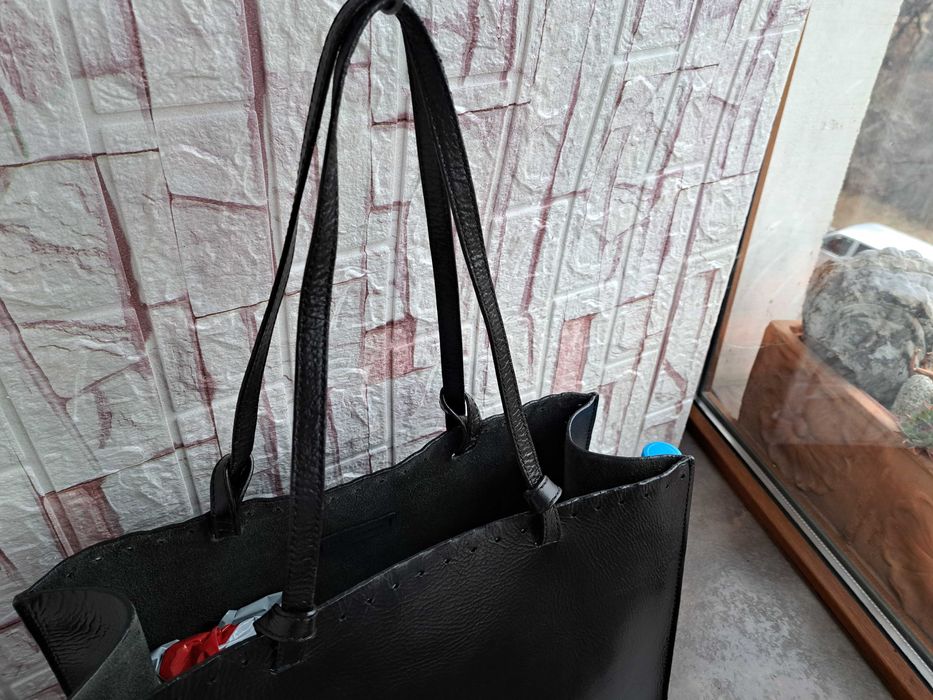 дамска чанта ZARA,черна кожена чанта,зара-естесвена кожа