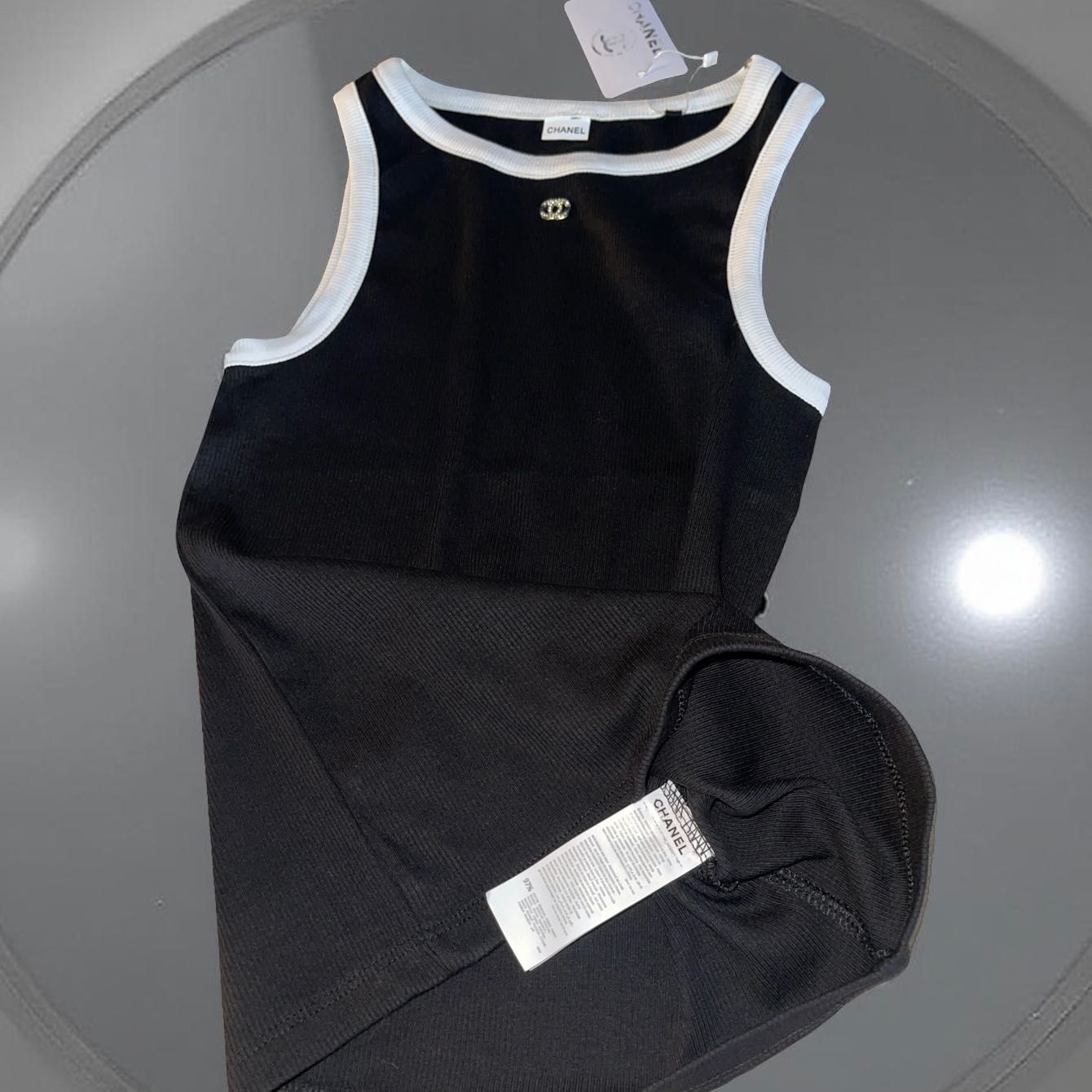черен топ шанел с бяло Рипс памук с камъни тениска без ръкави Chanel