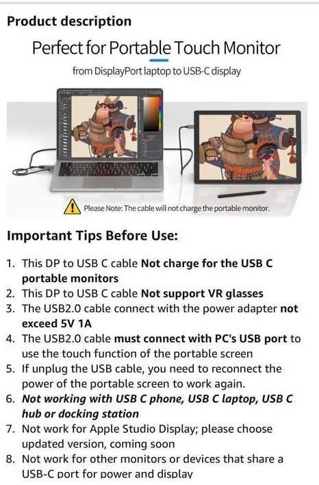 Cablu unidirectional Display Port la USB-C pt monitoare externe