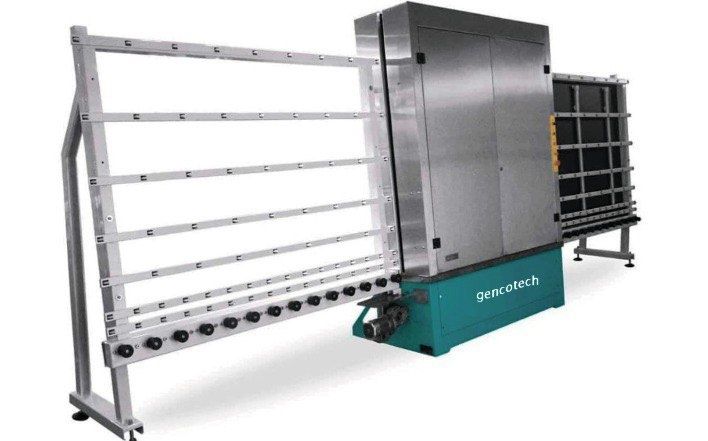 Оборудование для мойки и сушки стекла вертикального типа.