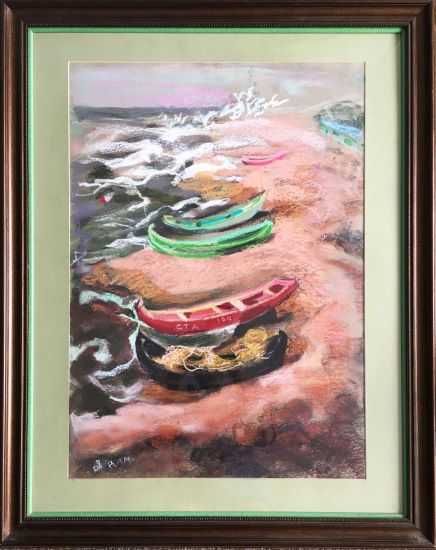 Tablou Rodica Anca MARINESCU - Barci la Pescarie, pastel pe carton