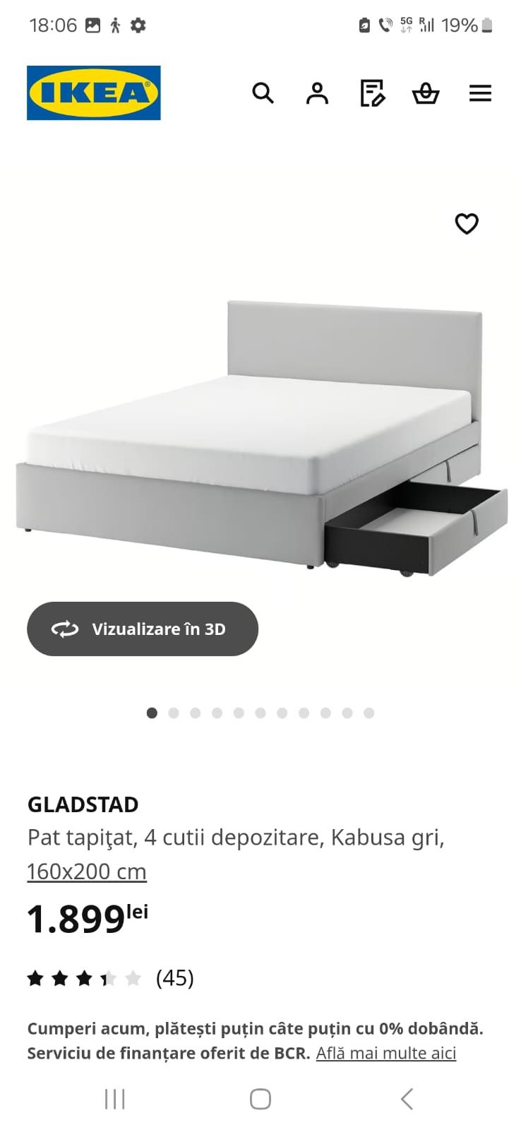Pat tapițat, 4 cutii depozitare, Kabusa gri 160x200 cm