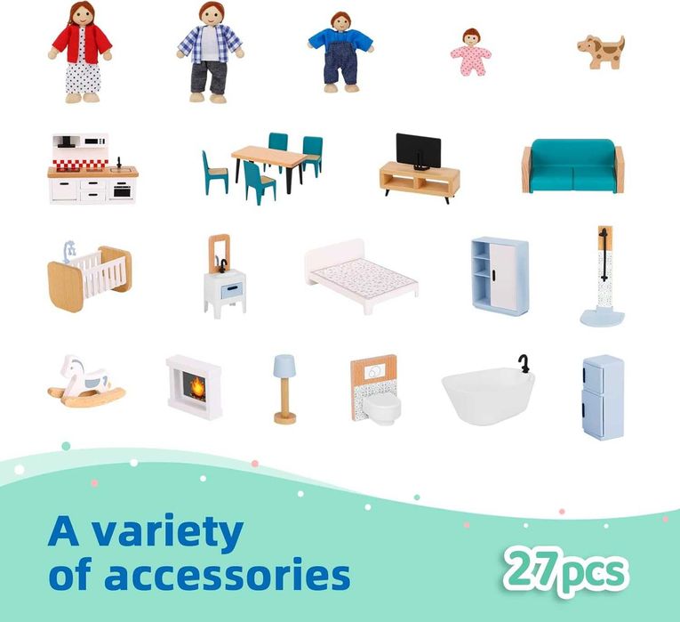 Дървена къща за кукли OOOK с комплект мебели, 4 семейни кукли и куче