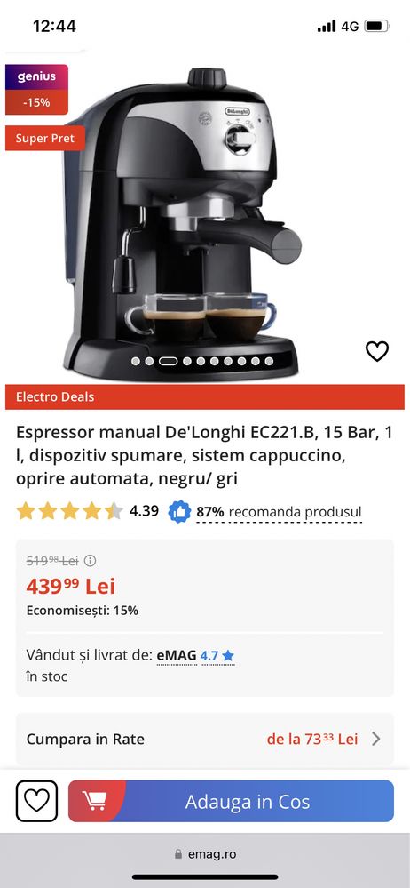 Espressor manual De'Longhi EC221.B, 15 Bar, 1 l, dispozitiv spumare,