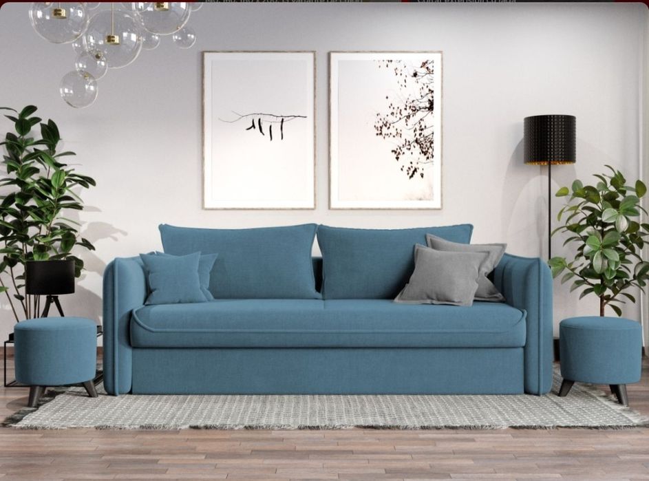 Canapea extensibilă albastra, material boucle