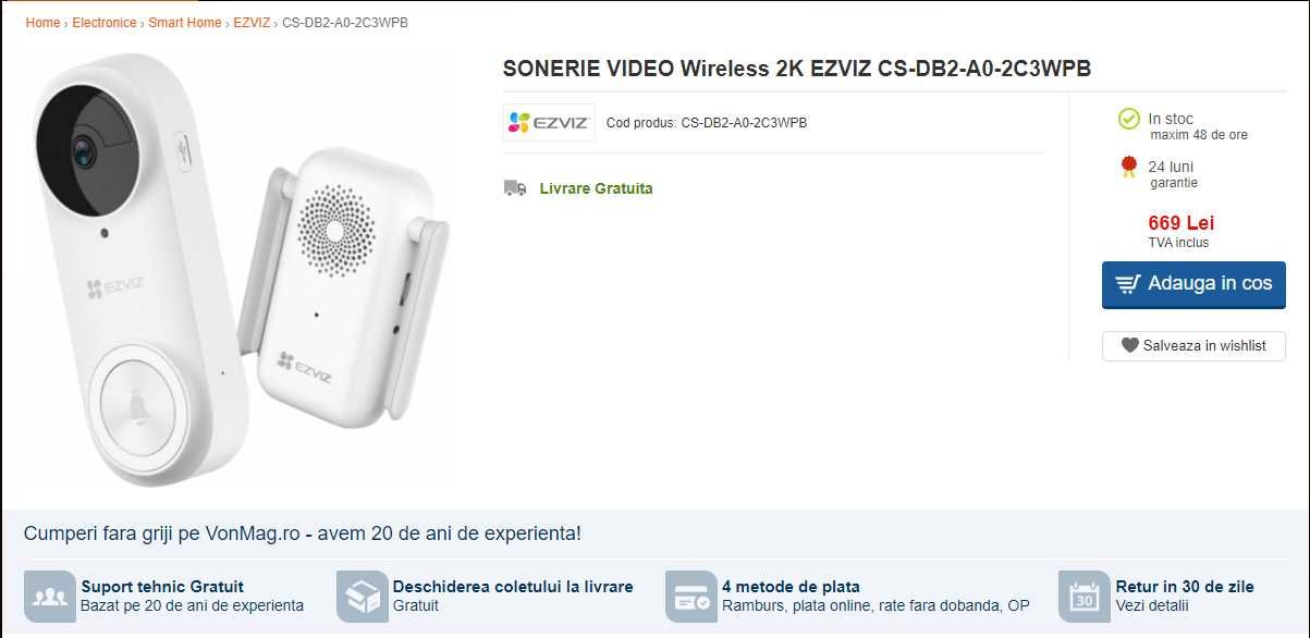 Sonerie video Wireless 2K EZVIZ CS-DB2-A0-2C3WPB