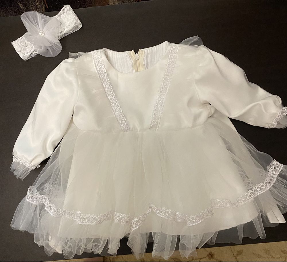 Rochie botez/nunta pentru 3/6/9 luni alba cu bentita