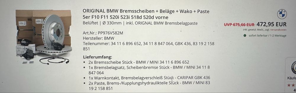 Set Discuri/Palucte BMW Originale 5er /F10/F11