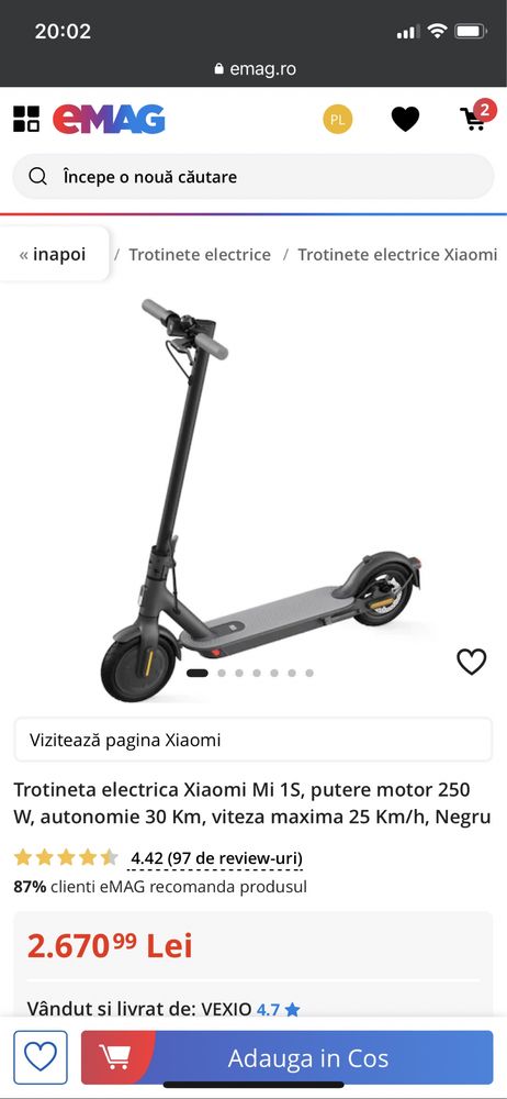 Trotineta electrica Xiaomi Mi 1S, Viteza maxima 25km/h, Autonomie 30 K