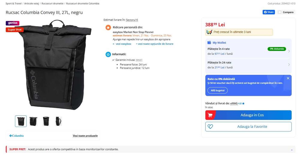 Rucsac Columbia Convey III, 27L, negru, nou, sigilat, nefolosit