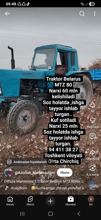 MTZ traktor sotiladi