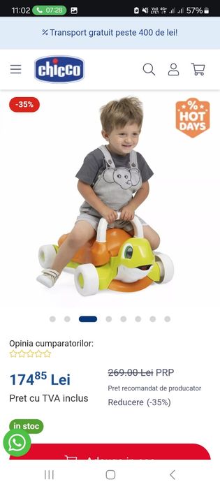 Jucarie antemergator ecologic Chicco, Broasca testoasa Walk and Ride,