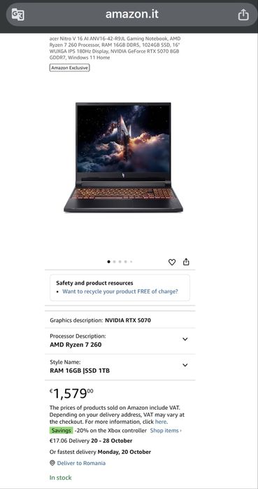 Laptop Gaming Acer Nitro V 16 ANV16-42-R9JL Ryzen7 16GB 1TB RTX5070