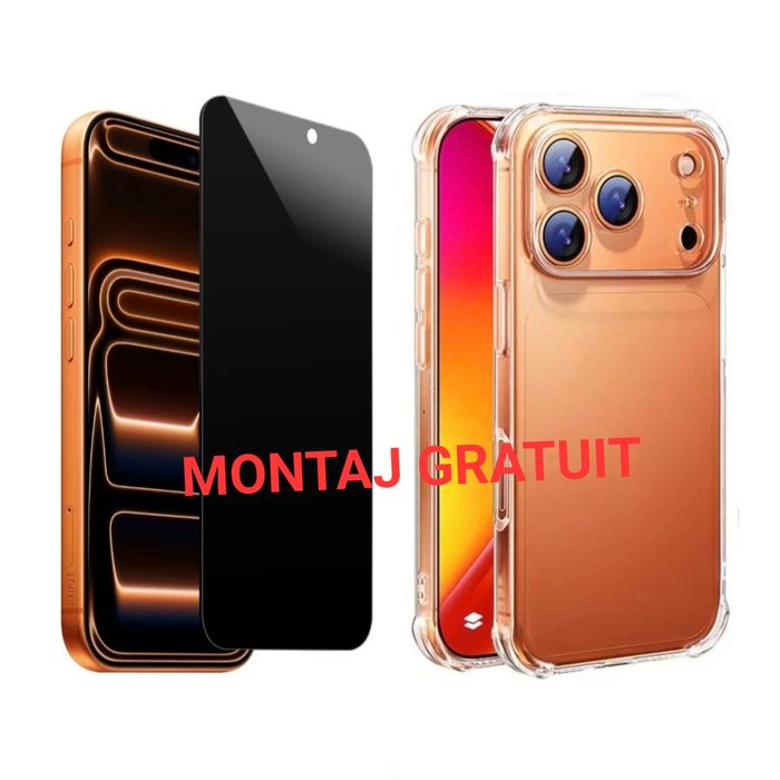 Set Folie Sticla Privacy + Husa AntiSoc iPhone 16 17 Pro Max Air