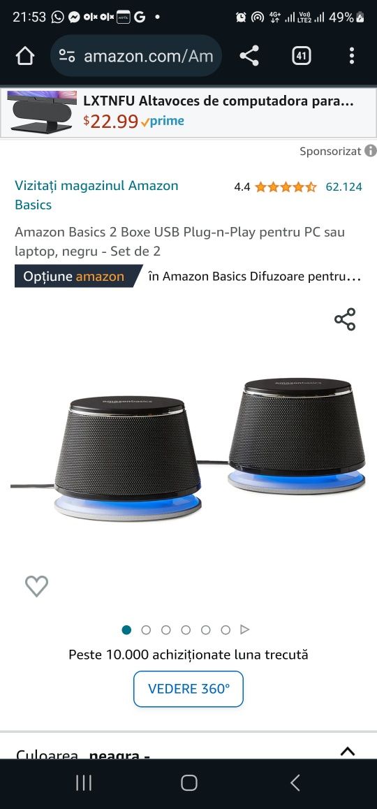 Amazon Basics 2 Boxe USB Plug-n-Play pentru PC sau laptop, negru - Set