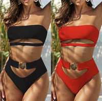 Costum de baie C123 Negru Rosu Talie Inalta Push Up Brazilian