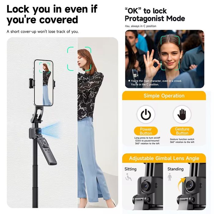 Selfie Stick AI Face Tracking – 360° Automată, Gimbal Trepied