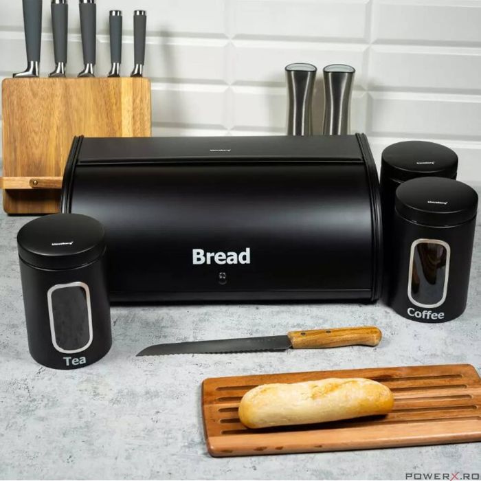 Set cutie paine si 3 recipiente rotunde, oțel, negru, Klausberg