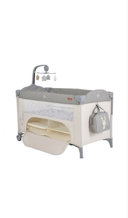 Patut copii pliabil cu doua niveluri de inaltime si saltea fibra