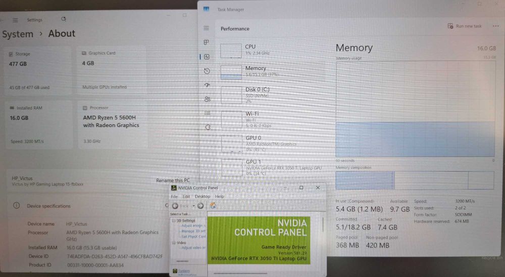 15.6' IPS HP Victus Ryzen 5 5600h/NVIDIA RTX 3050Ti 4GB GDDR6/16GB/512
