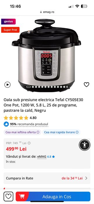 Oala sub presiune electrica Tefal CY505E30 One Pot, 1200 W, 5.8 L