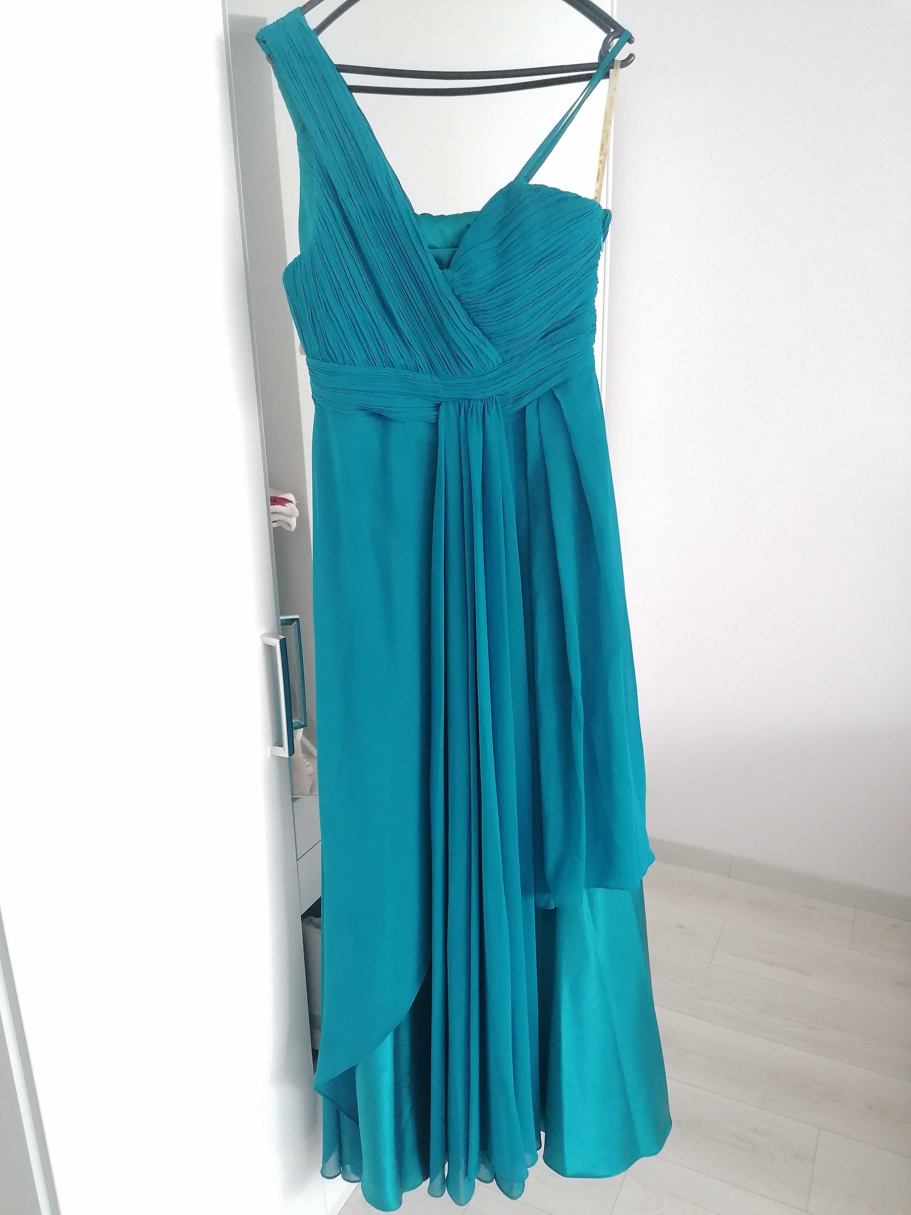 Rochie seara albastra/ verde satin/ voal