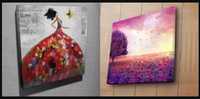 Superb tablou culori vibrante efect 3D,FEMEIE ROCHIE FLUTURI/Camp lila