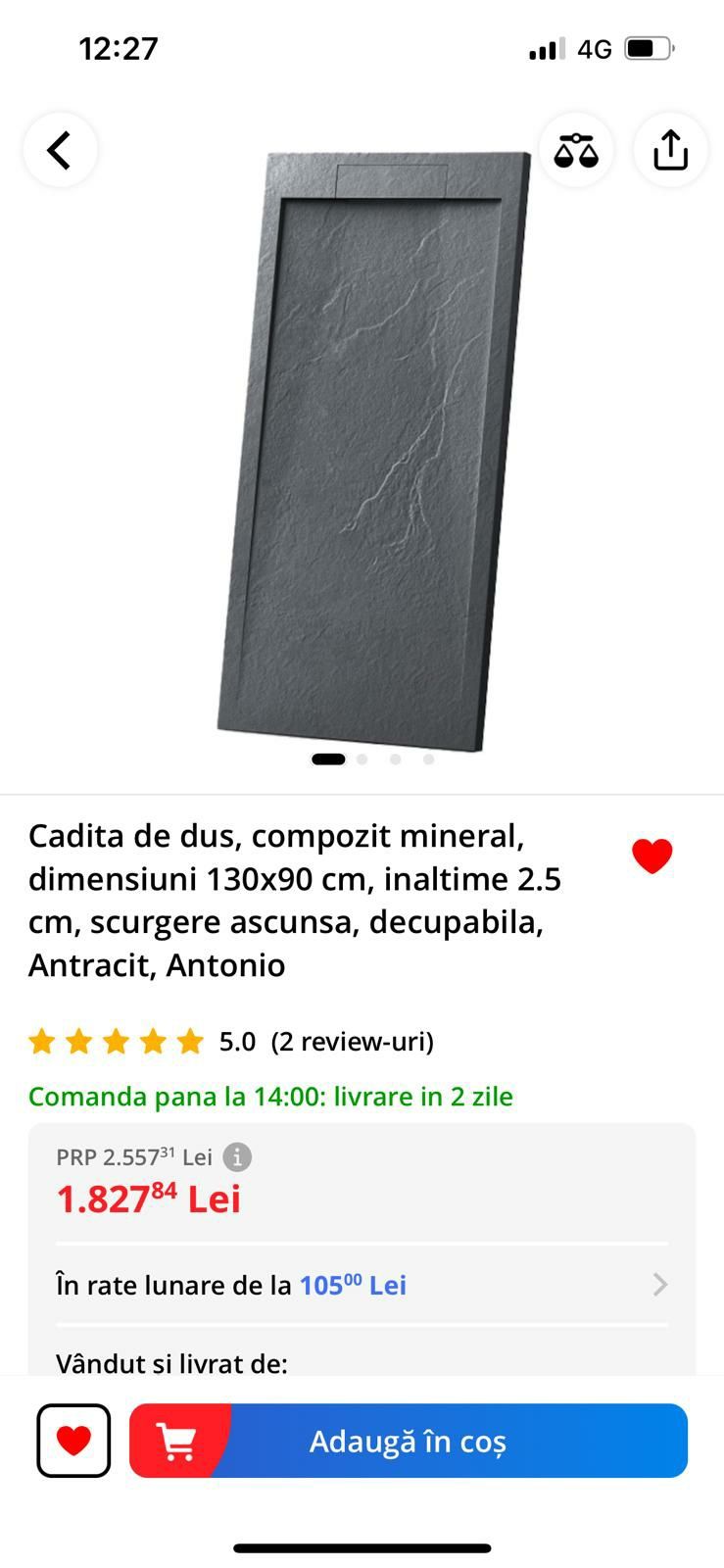 Cadita de dus compozit 130x90 cm, cu strat antiderapant, gri antracit