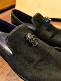 Duke + Dexter Skull Black Velvet Loafers, обувки 41-ви размер