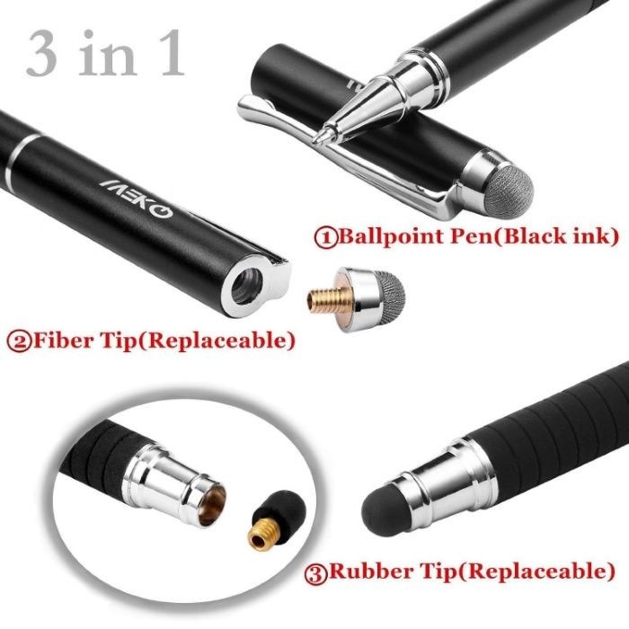 2x Stylus universal 3 in i, MEKO, capacitiv, premium, negru/argintiu