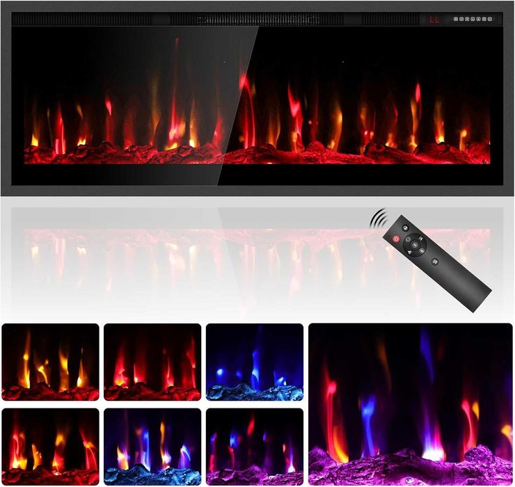 Електрическа камина 42", 7 цвята пламък и 12 цвята жарава, черна