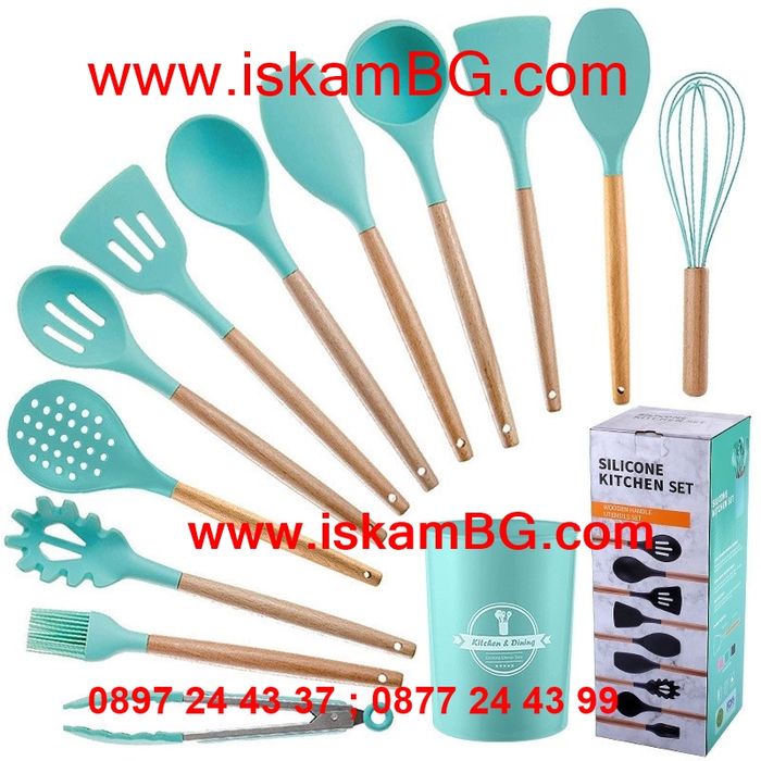 Комплект от 11 броя силиконови кухненски прибори за готвене с поставка