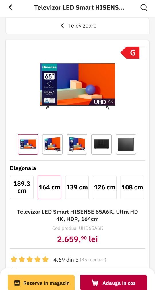 Tv led Hisense ,Smart , 4K Ultra HD, 165 cm,vidaa,nou, garanție