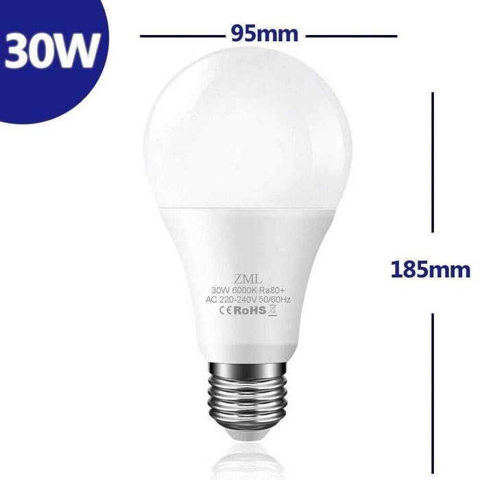 LED лампа E27, 270°, 220-240V, 30W, 3000К, Топла бяла светлина