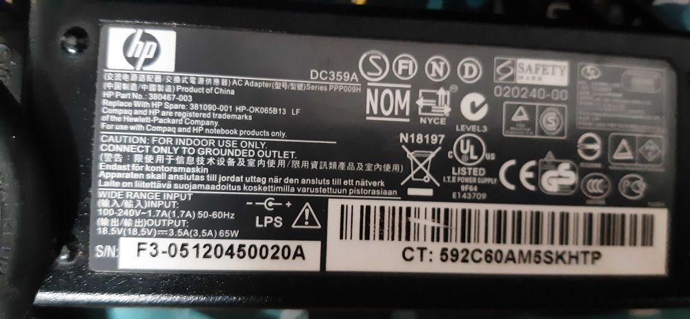 Încărcător laptop HP  model DC359A  3,8x1,7mm