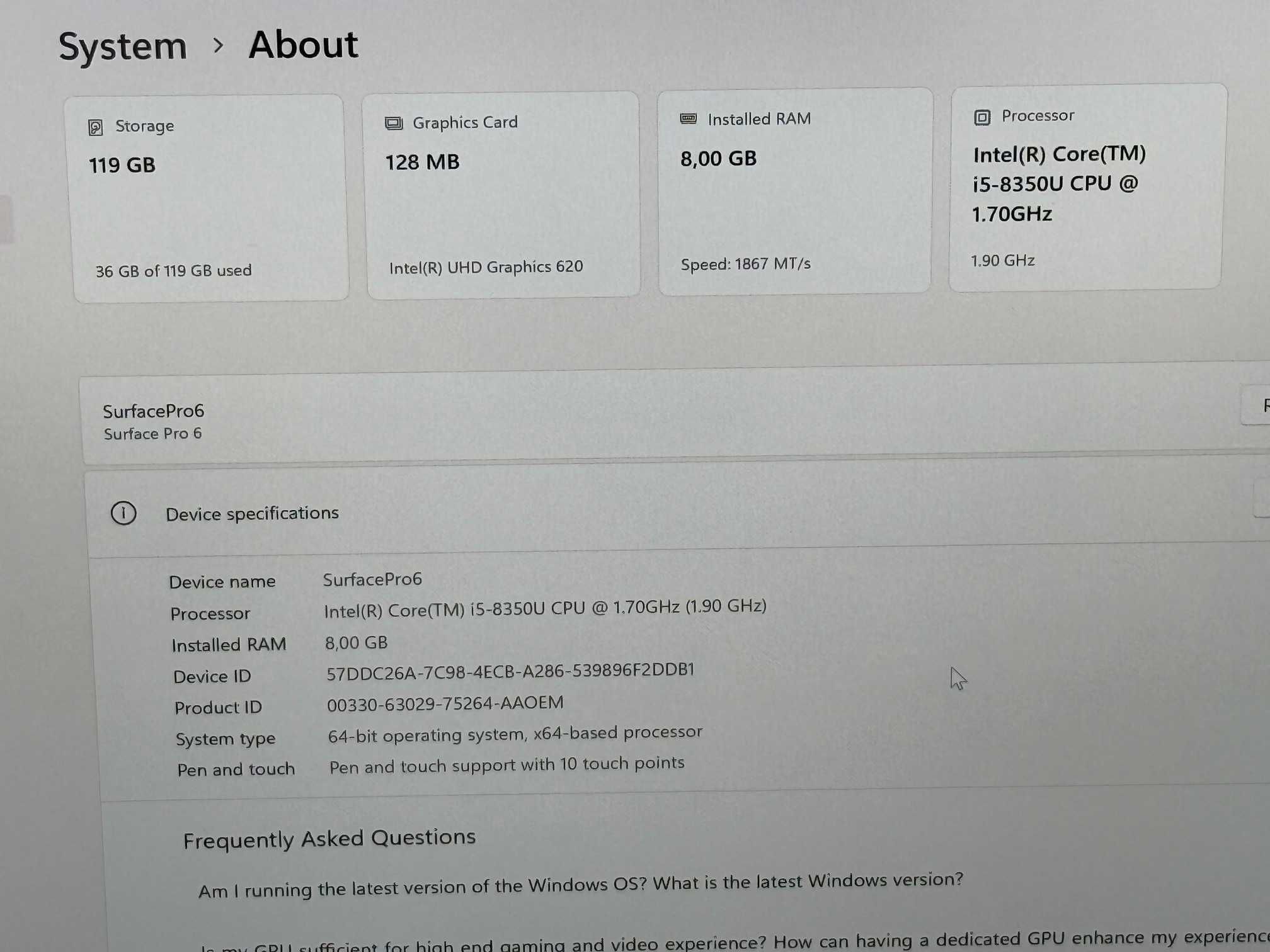 Microsoft Surface Pro 6 i5 8th/8RAM/128SSD