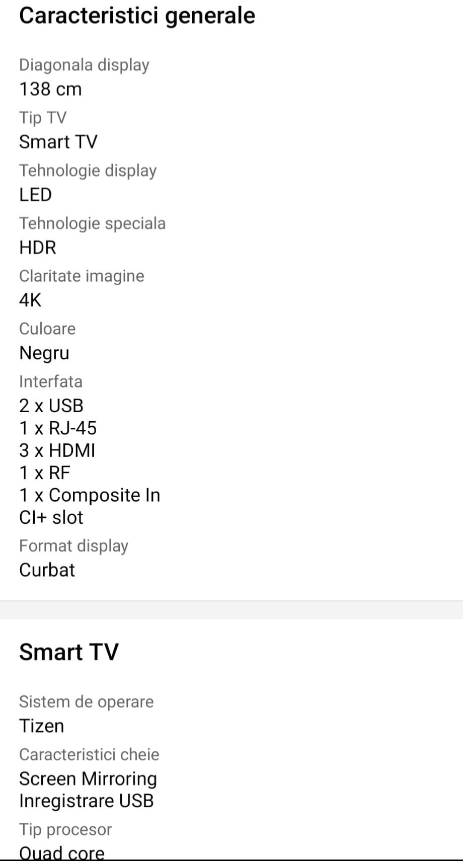 Televizor LED Curbat Smart Samsung 138 cm, 4k Ultra HD, clasa A