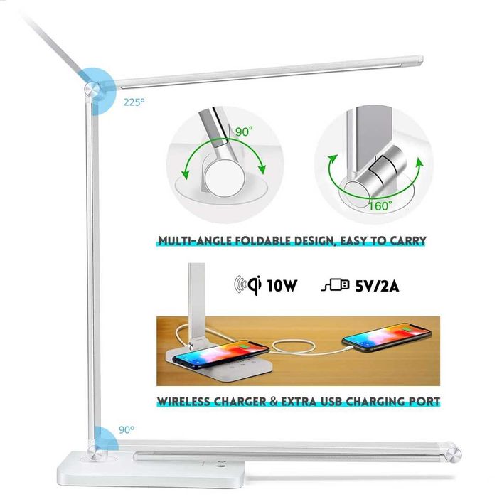 Lampă de birou LED, încărcare wireless 10 W, funcție de încărcare USB,