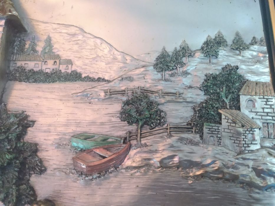 Tablou in relief argint 925, oglinda cristal, pescuit, lac de munte