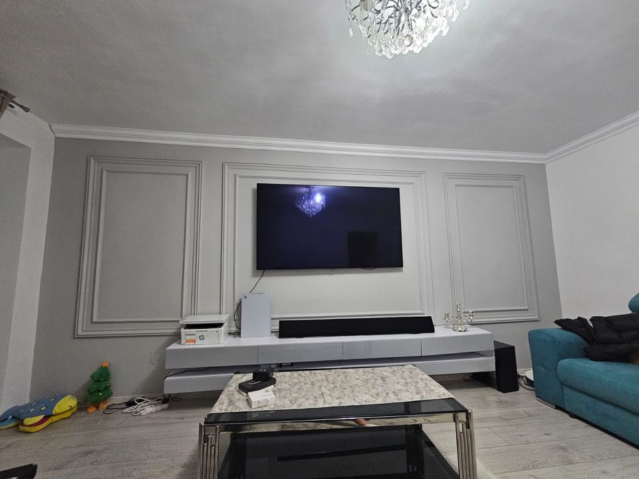 Mobilă living  Comoda TV FLYNT Double, 280x10/15x34, alb/gri lucios