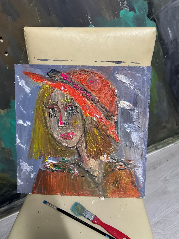 картина  акрил + текстурная паста,  женщина в шляпе