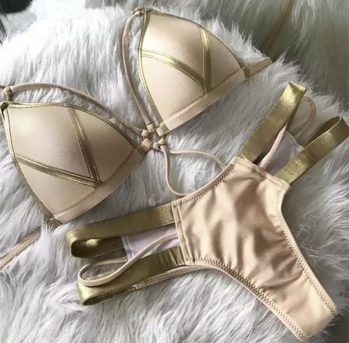 Costum baie C18 (Daira-Shop.ro) negru bej Push up tanga brazilian
