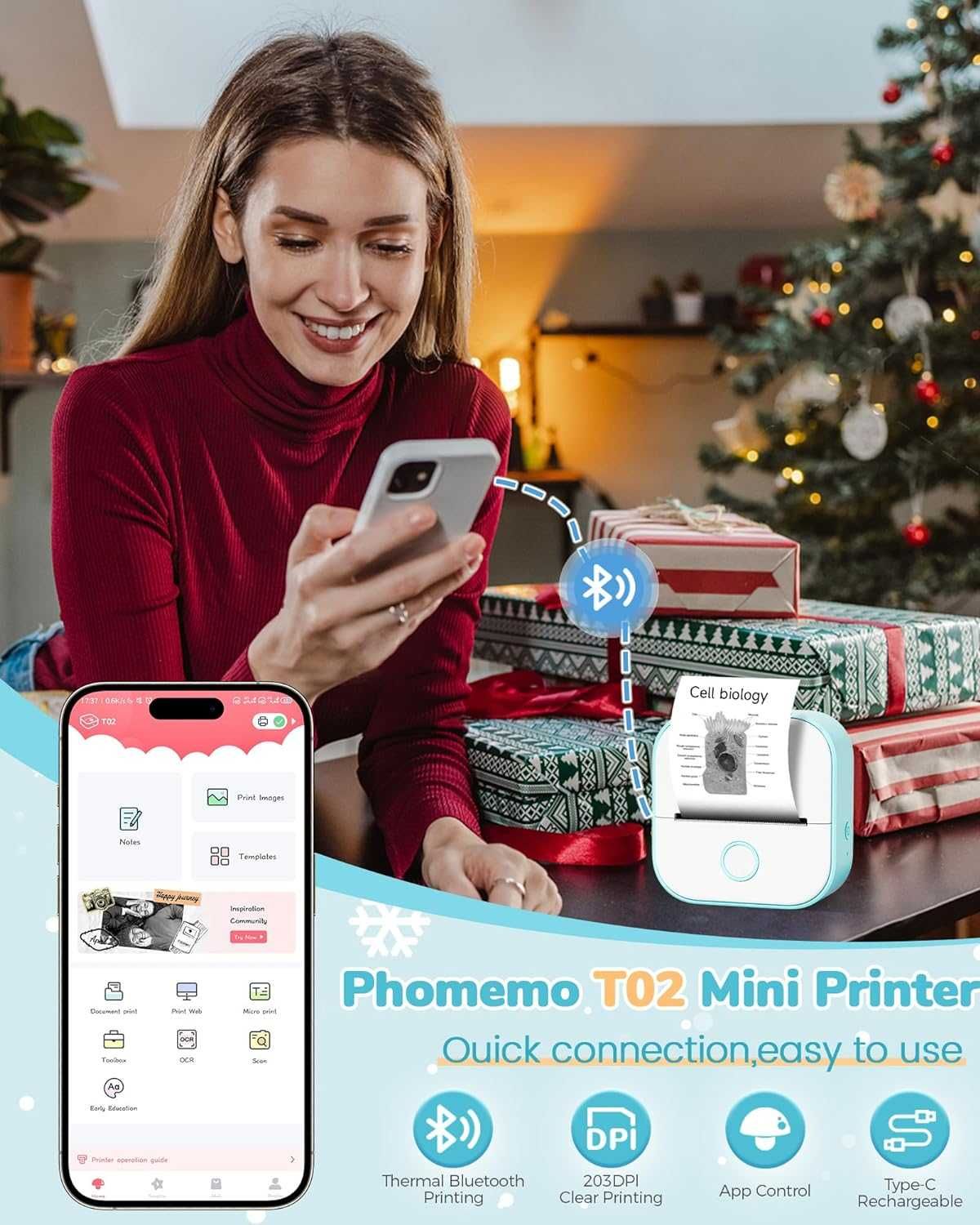 Мини принтер Phomemo T02, Bluetooth термичен принтер без мастило