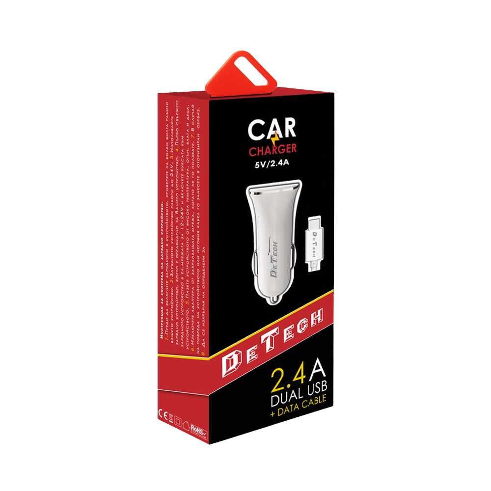 Зарядно устройство за кола DeTech 5V/2.4A, 12/24V, С Type-C кабел