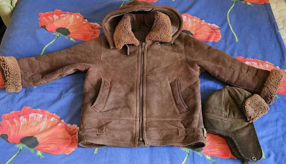 Натуральная дубленка-пилот+шапка