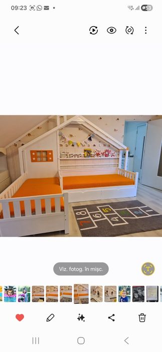 Pat dublu tip căsuță, L, pentru 2 copii – alb + fereastră portocalie,