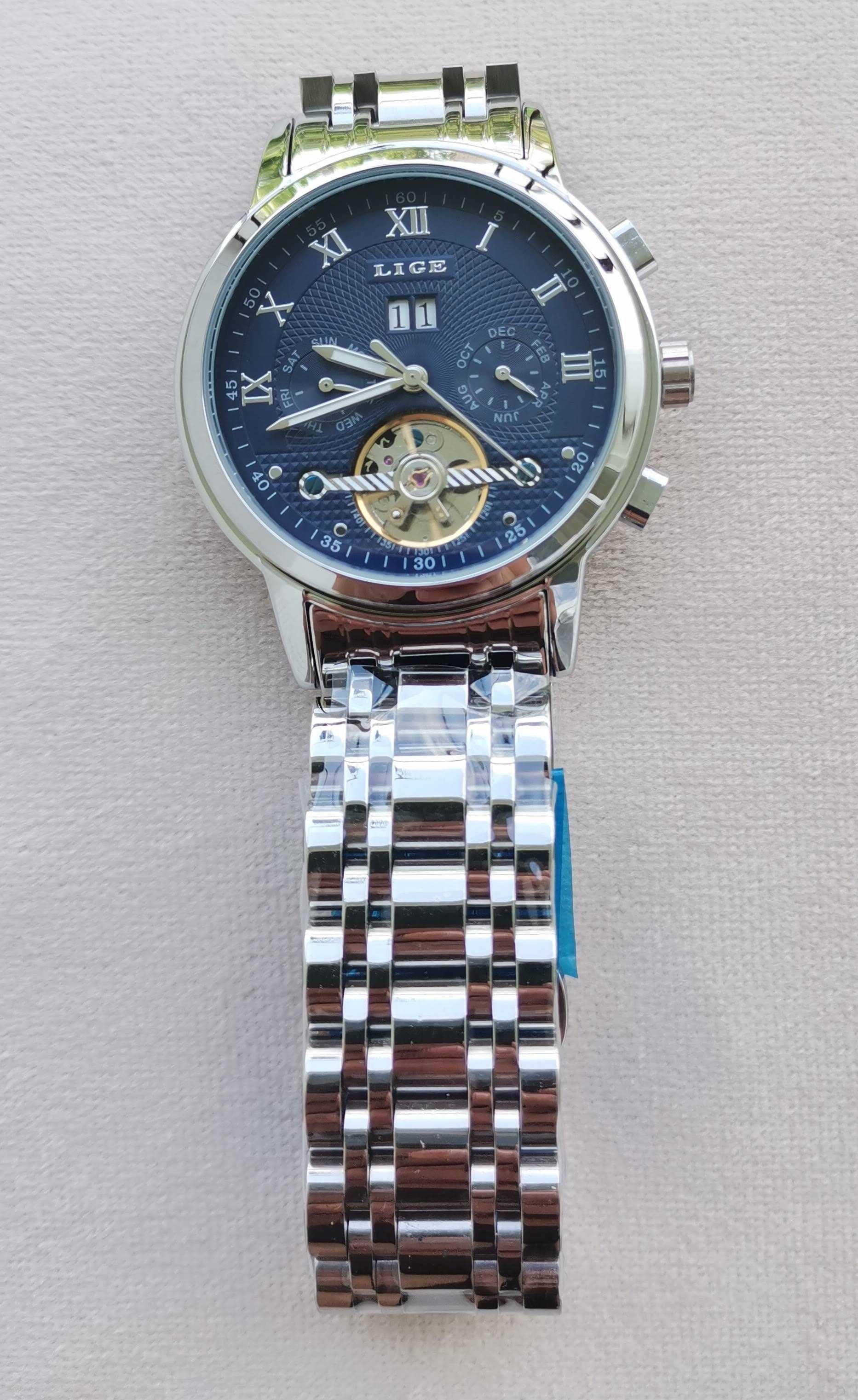 LIGE Silver Blue LG9841 Луксозен мъжки автоматичен механичен часовник