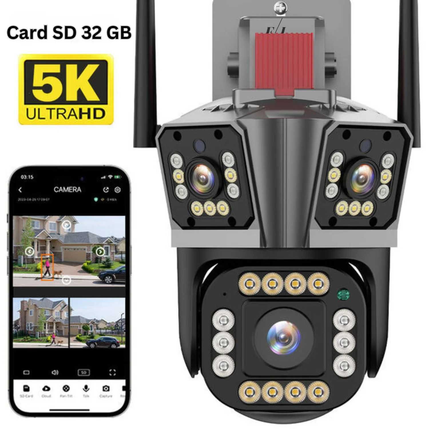 Camera de supraveghere tripla WIFI, 12MP, 32 GB, PTZ, CCTV, zoom 10x